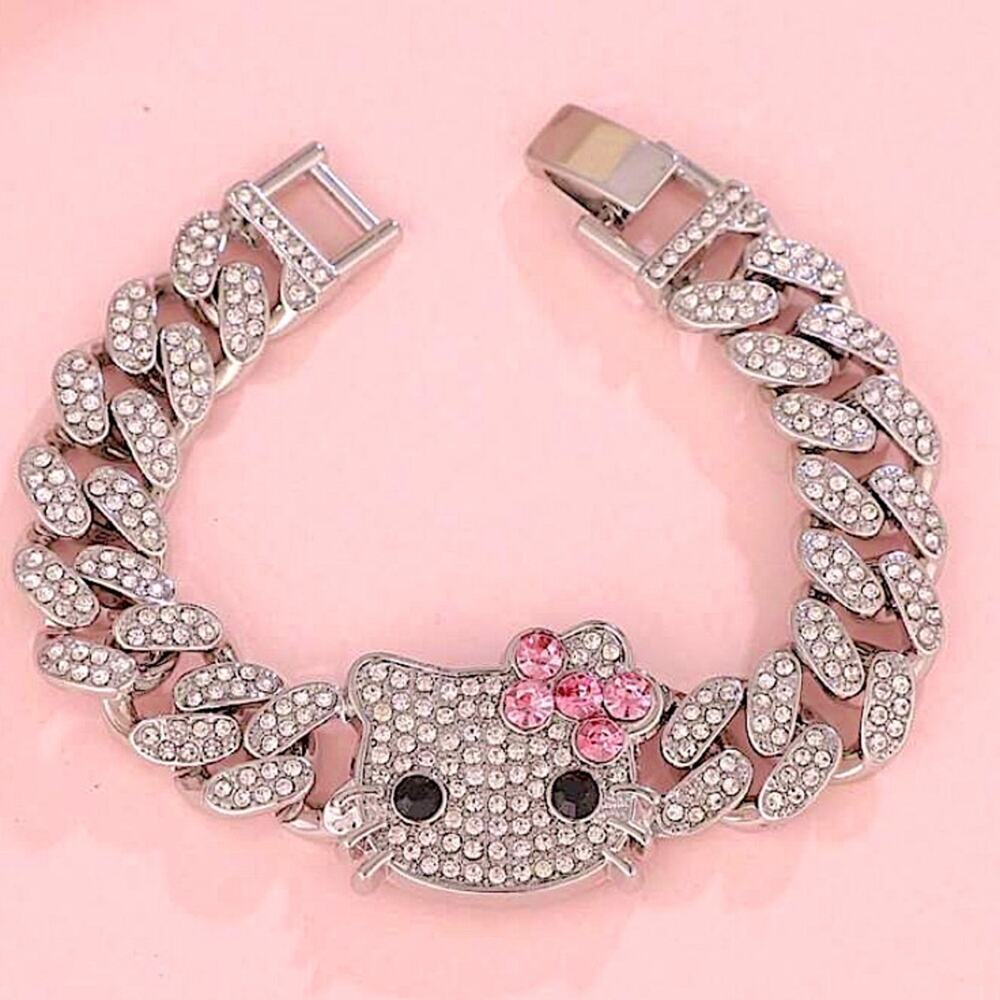 Silver Hello Kitty Rhinestone Bracelet Chain Link